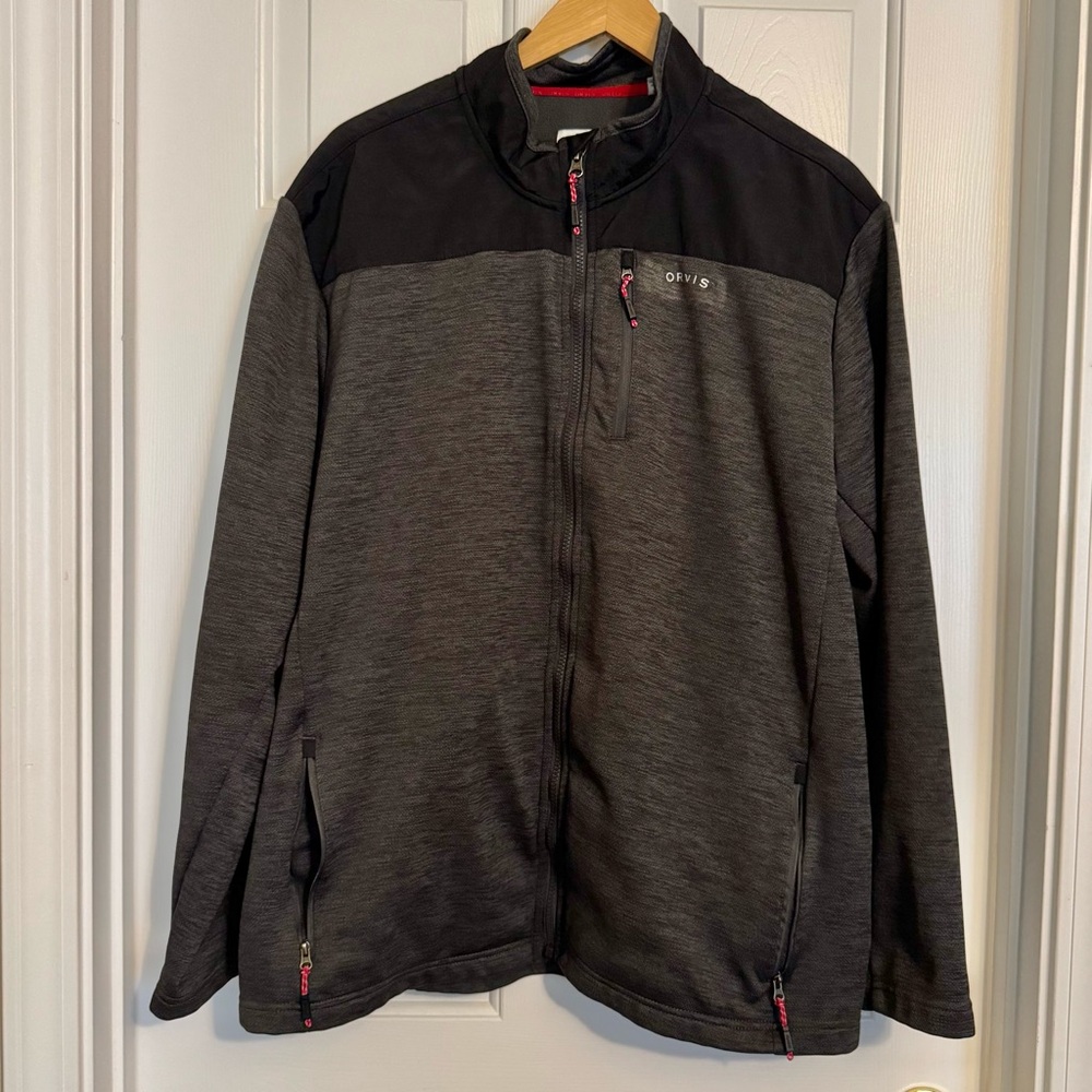 Orvis Softshell Jacket Men's XXL Full Zip‎ Polyester Shell Fleece Lining Gry/Bk
